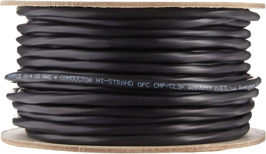 16 Gauge AWG 4 Conductor CMP-Rated Speaker Wire 100ft Black F967165
