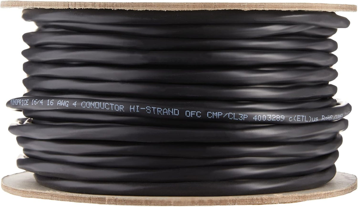 16 Gauge AWG 4 Conductor CMP-Rated Speaker Wire 100ft Black F967165