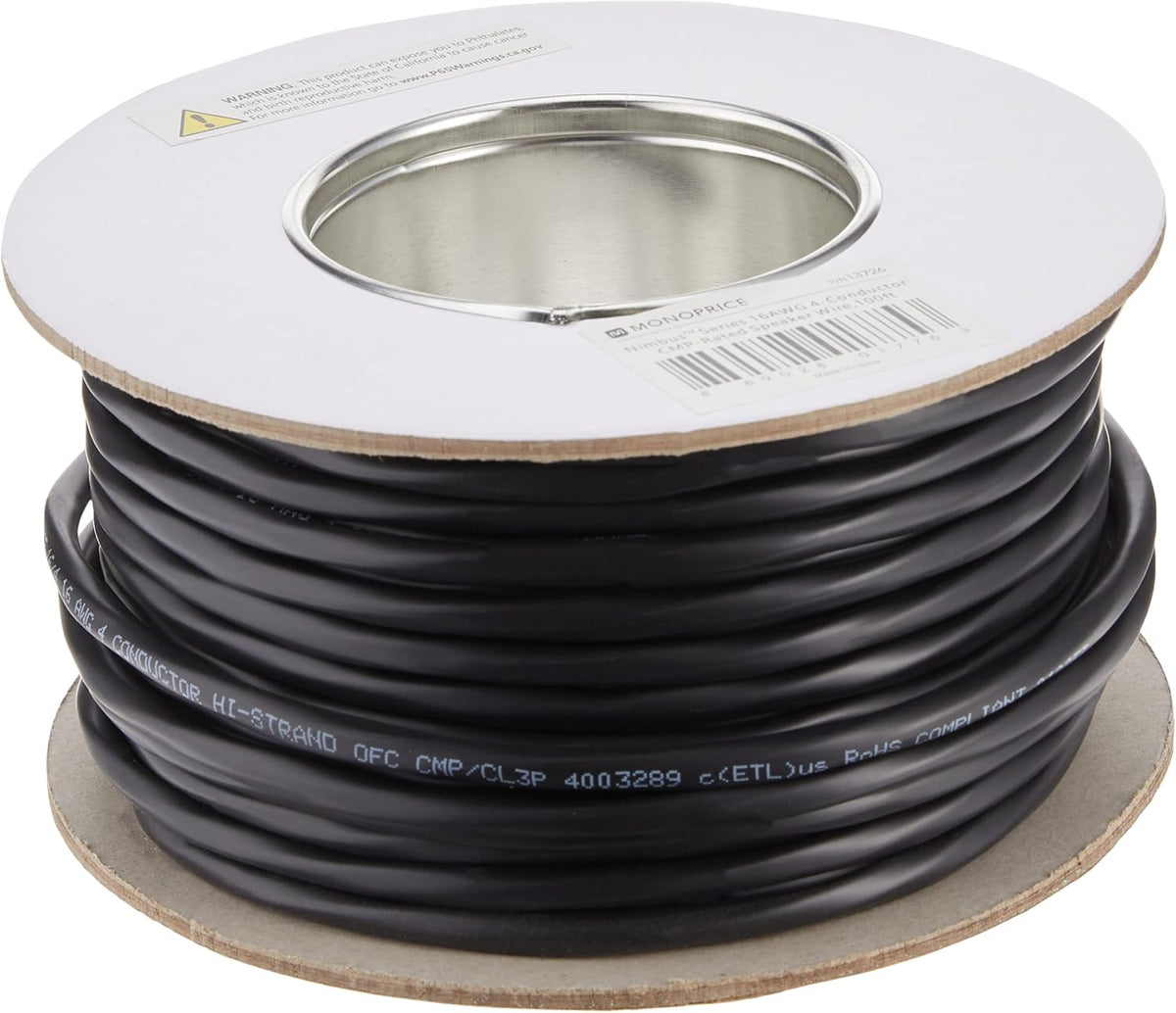 16 Gauge AWG 4 Conductor CMP-Rated Speaker Wire 100ft Black F967165