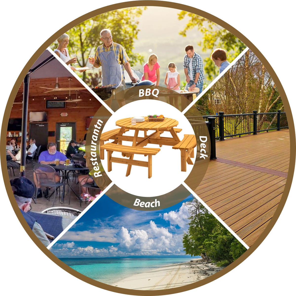 8-Person Circular Wooden Picnic Table with 3 Built-in Benches Q753635