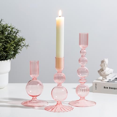 Pink Glass Candlestick Holder Set of 3 R327770