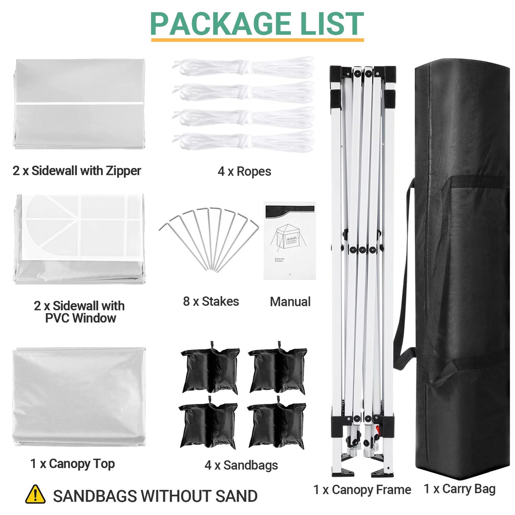 10'x10' Pop Up Canopy with Sidewalls and Sandbags S923