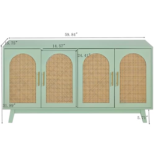 Mint Green Sideboard Storage Cabinet with Rattan Decorated 4 Doors E157646