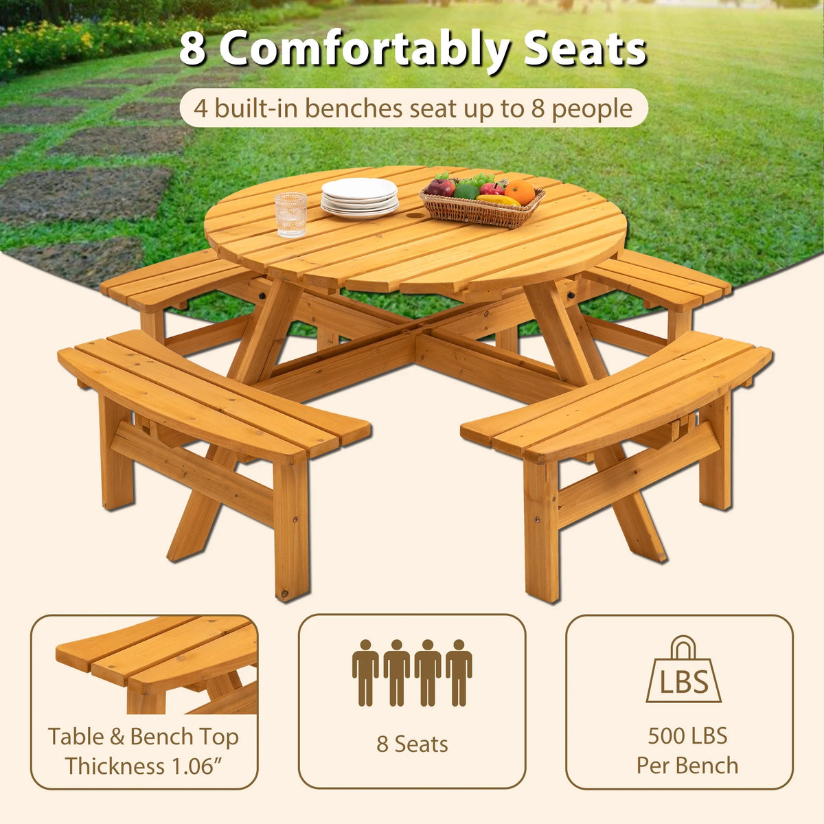 8-Person Circular Wooden Picnic Table with 3 Built-in Benches Q753635