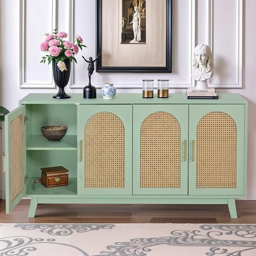 Mint Green Sideboard Storage Cabinet with Rattan Decorated 4 Doors E157646