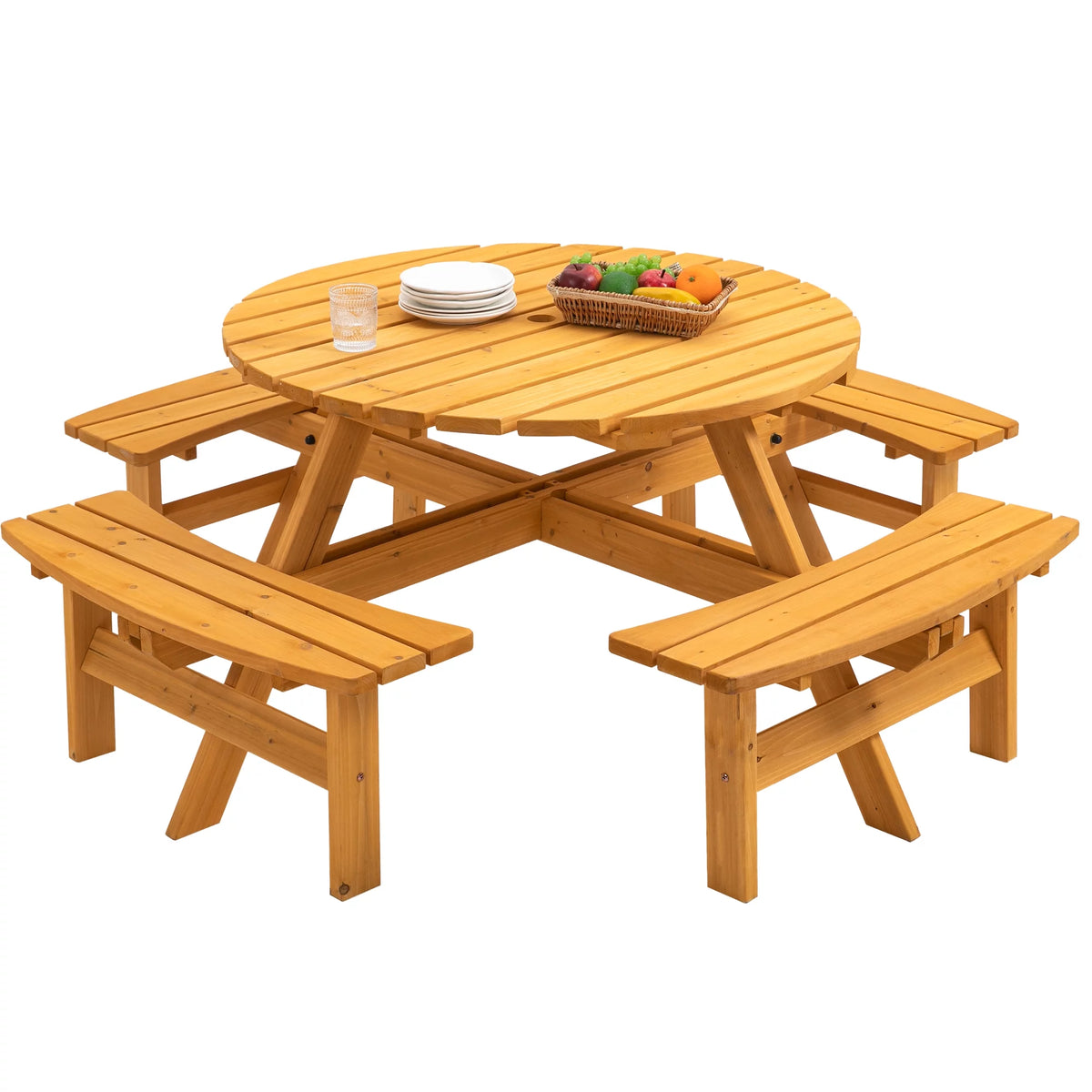 8-Person Circular Wooden Picnic Table with 3 Built-in Benches Q753635
