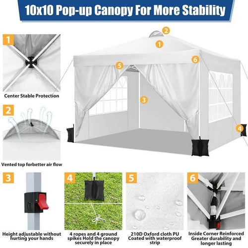 10'x10' Pop Up Canopy with Sidewalls and Sandbags S923