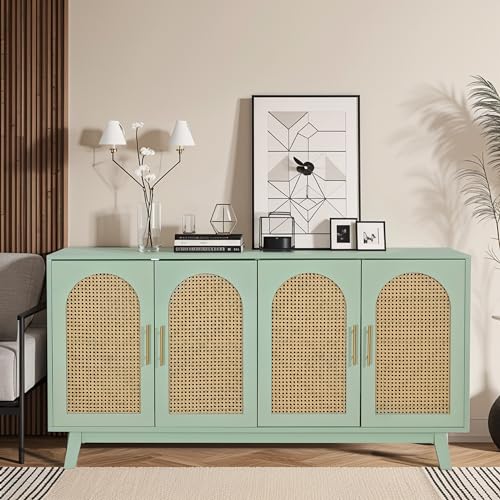 Mint Green Sideboard Storage Cabinet with Rattan Decorated 4 Doors E157646
