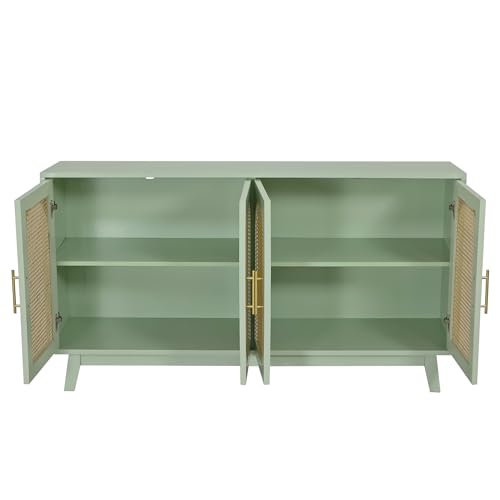 Mint Green Sideboard Storage Cabinet with Rattan Decorated 4 Doors E157646