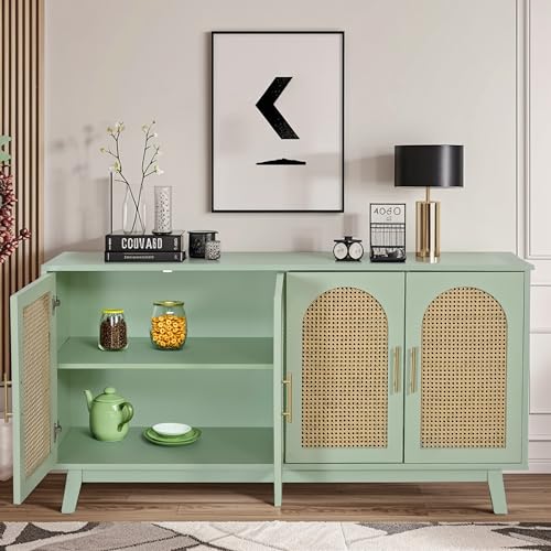 Mint Green Sideboard Storage Cabinet with Rattan Decorated 4 Doors E157646