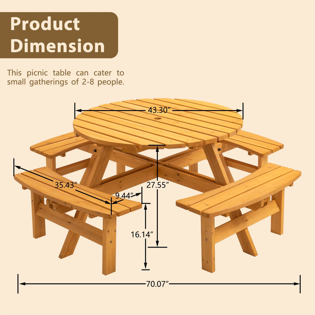 8-Person Circular Wooden Picnic Table with 3 Built-in Benches Q753635