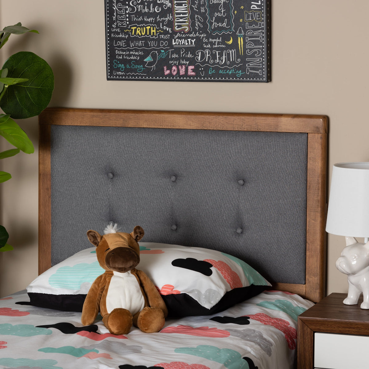 Dark Grey Walnut Tufted Upholstered Headboard X79687