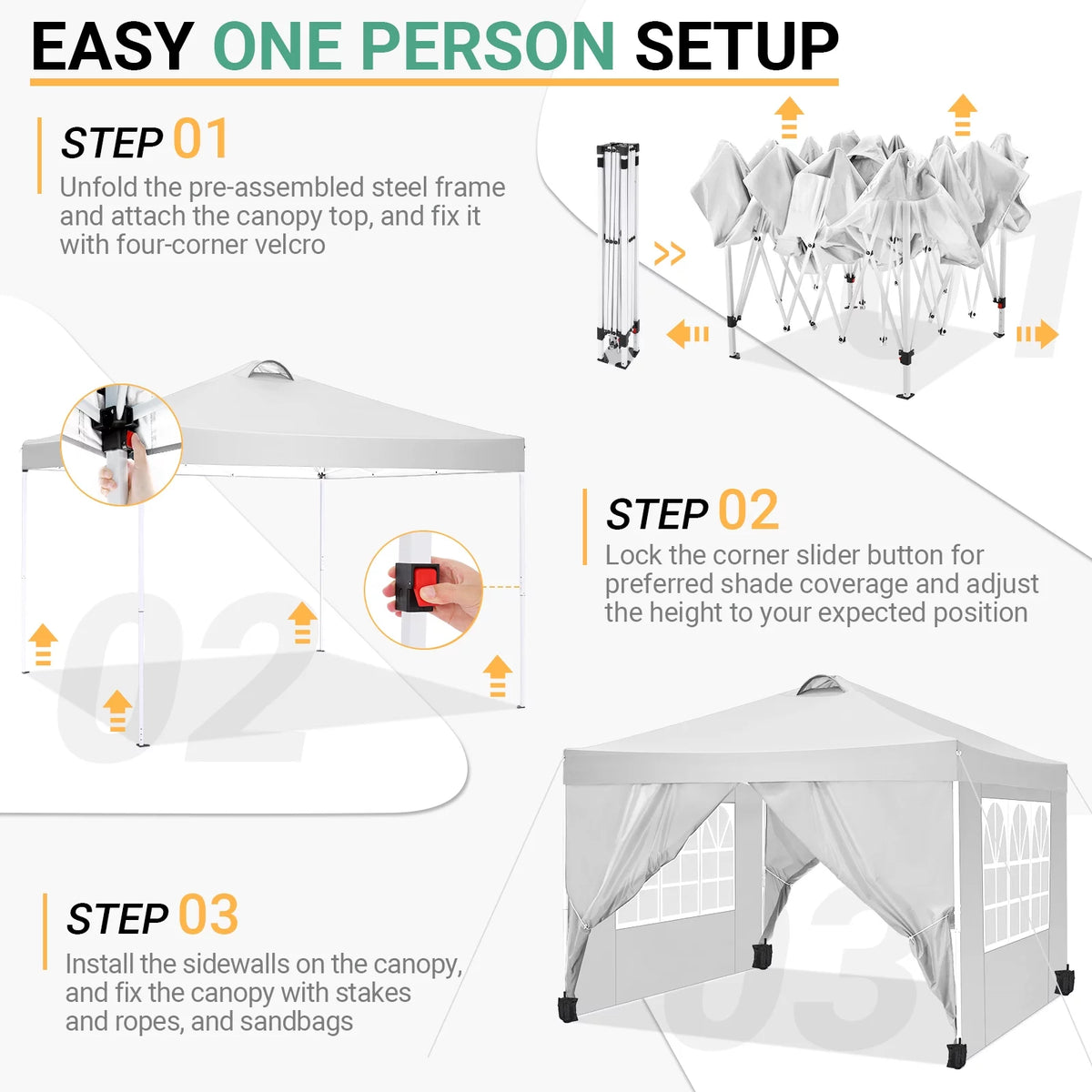 10'x10' Pop Up Canopy with Sidewalls and Sandbags S923