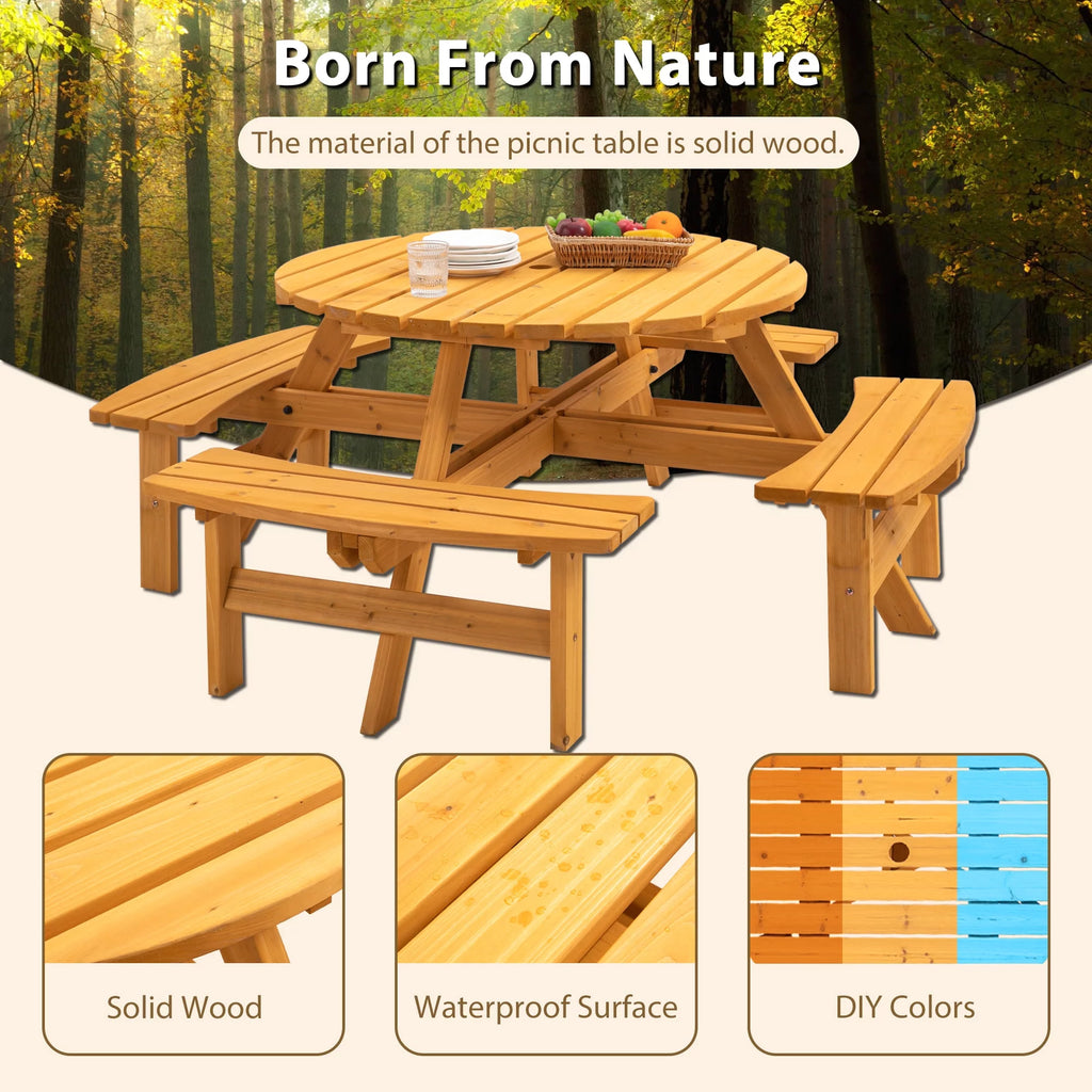 8-Person Circular Wooden Picnic Table with 3 Built-in Benches Q753635