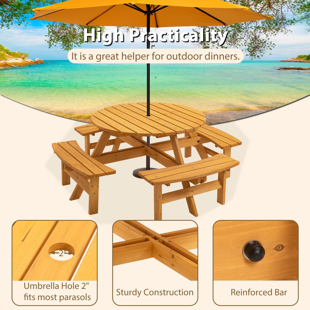 8-Person Circular Wooden Picnic Table with 3 Built-in Benches Q753635