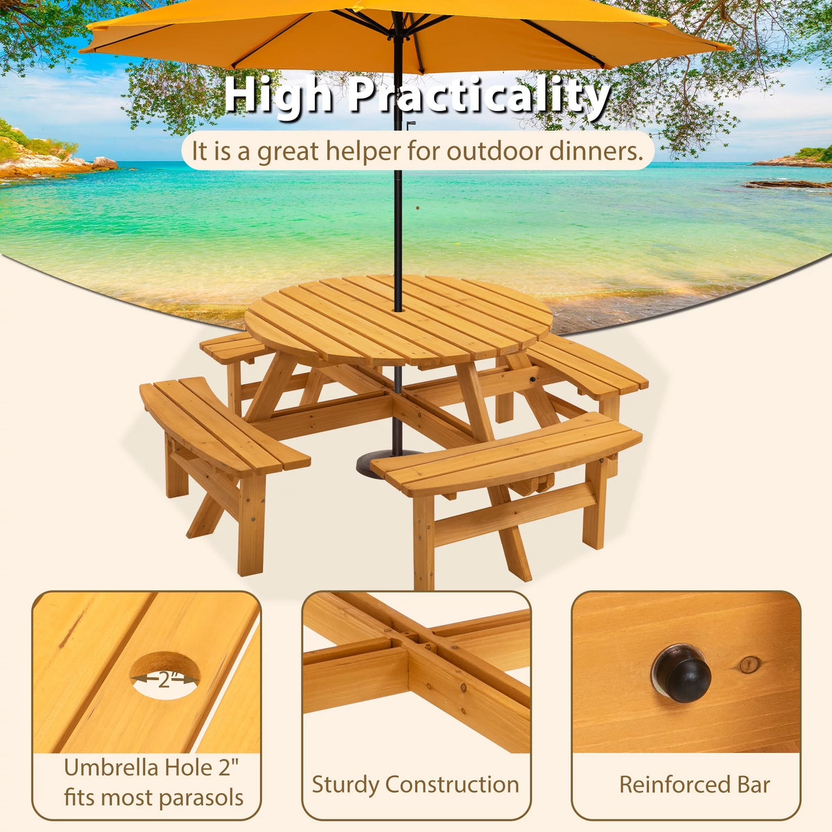 8-Person Circular Wooden Picnic Table with 3 Built-in Benches Q753635